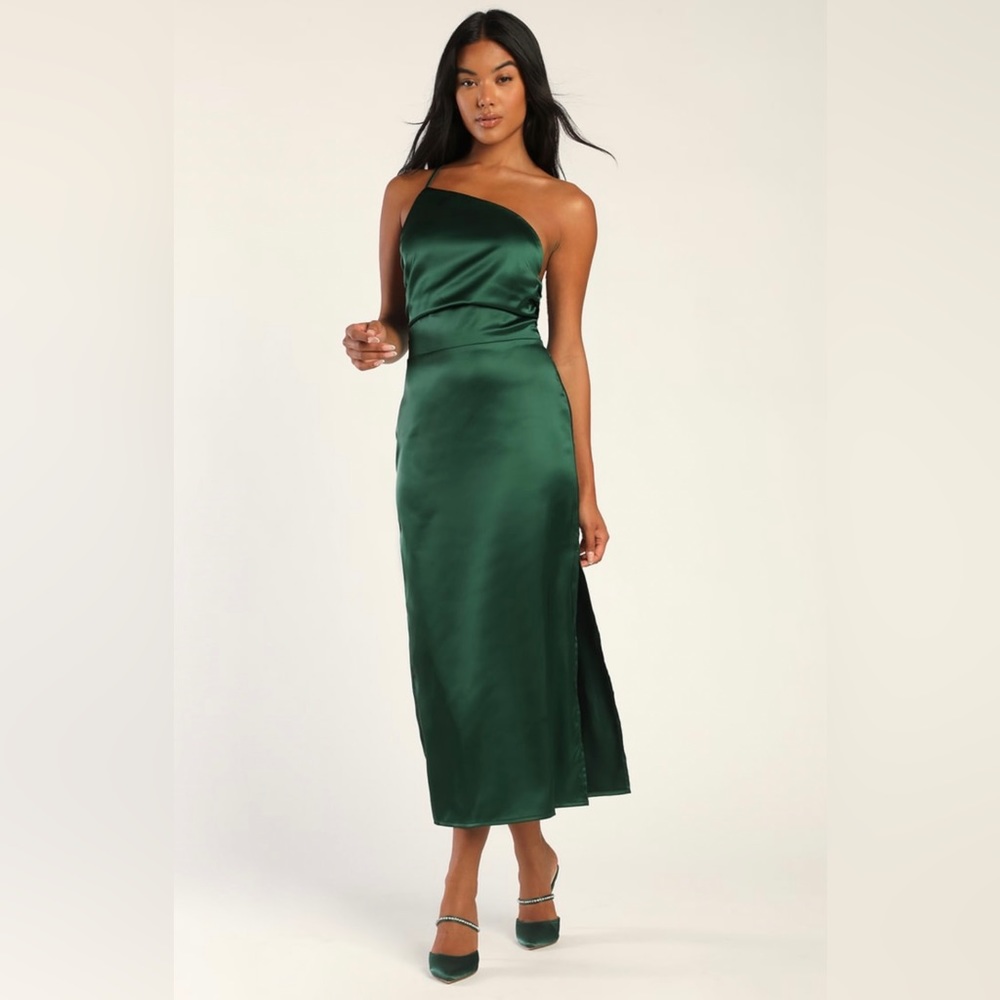 Call Me Confident Green Satin One-Shoulder Lace-Up Midi Dress